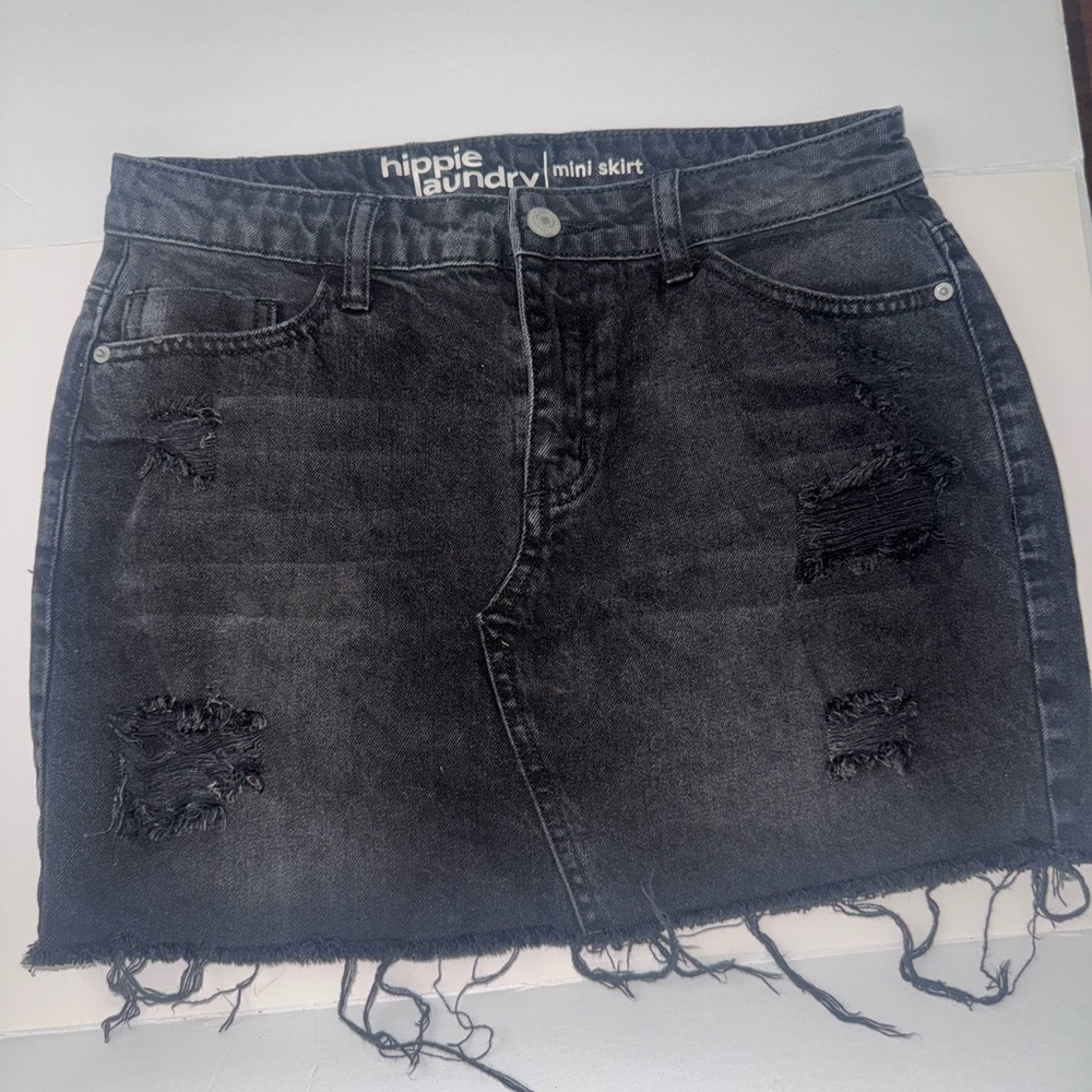 Women’s Hippie Laundry Black Gray Distressed Mini Skirt